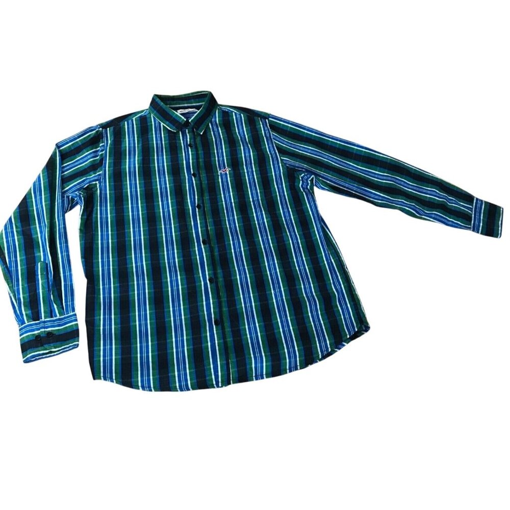 Hollister Dress Shirt Long Sleeve Stiped Men XXL Green Blue Black Button Pocket